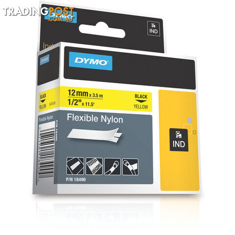 Dymo DY18490 Rhino 12mm x 3.5m Nylon Labelling Tape Black on Yellow - Dymo - 71701184900 - DY18490