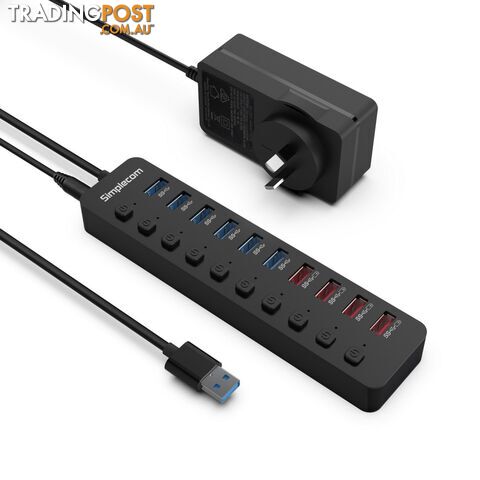 Simplecom CHU810 48W 10 port USB 3.0 Hub and Charger with Individual Switches -...