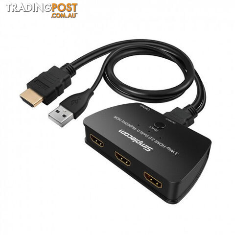Simplecom CM323 3 Way HDMI 2.0 Switch 3 In 1 Out Splitter HDCP 2.2 4K@60Hz UHD HDR - Simplecom - 9350414001300 - CM323