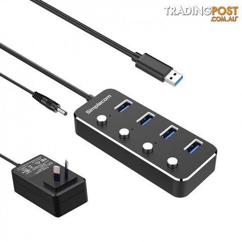 Simplecom CH345PS Aluminium 4-Port USB 3.0 Hub with Individual Switches and...