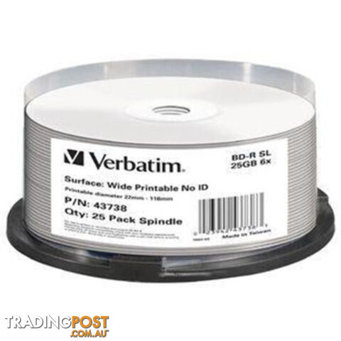 Verbatim 43738 BD-R 25GB 6X Blu-Ray - 25 Pack Spindle - Verbatim - 023942437383 - 43738