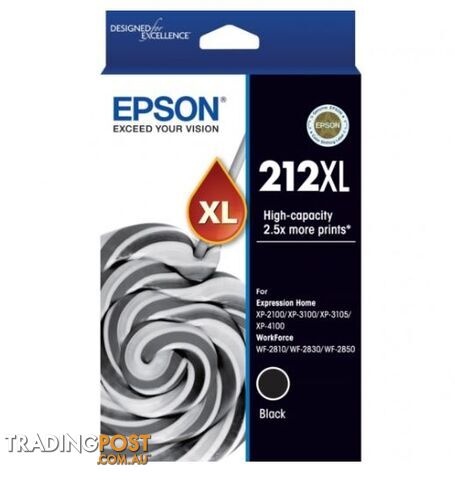 Epson T02X192 212XL Std Black Ink - XP-4100, XP-3105, XP-3100, XP-2100, WF-2850, WF-2830, WF-2810 - Epson - 9314020631443 - T02X192