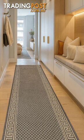 Xena Greek Key Taupe Linen Hall Runner Non-Slip 67cm Wide 2M - 2533 Taupe Linen...