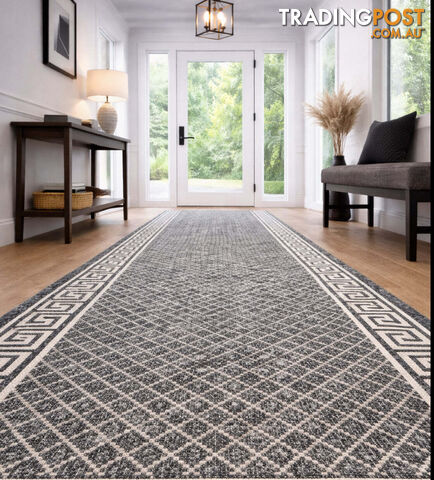 Xena Greek Key Silver Ivory Hall Runner Non-Slip 67cm Wide 1M  - 2533 Silver Grey Ivory 67CM - photo 3 of 3