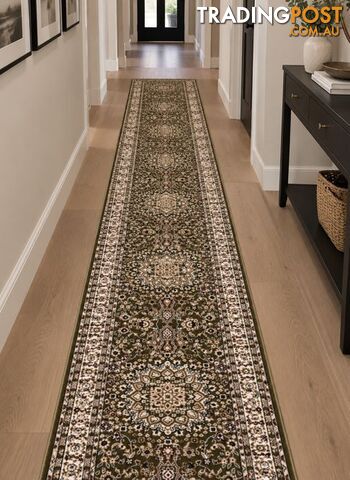 Heirloom Green Medallion Hallway Runner 80CM Wide 9.5M