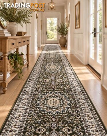 Heirloom Green Medallion Hallway Runner 80CM Wide 17M
