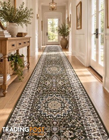 Heirloom Green Medallion Hallway Runner 80CM Wide 1M - 09865 BERBER