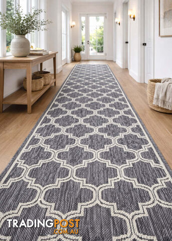 Moroccan Silver Ivory Hall Runner Non-Slip 80cm Wide 3M - 2534 Silver Grey Ivory...