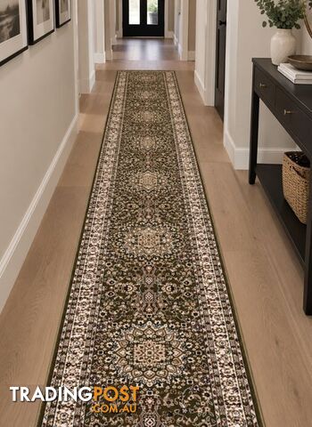 Heirloom Green Medallion Hallway Runner 80CM Wide 9M
