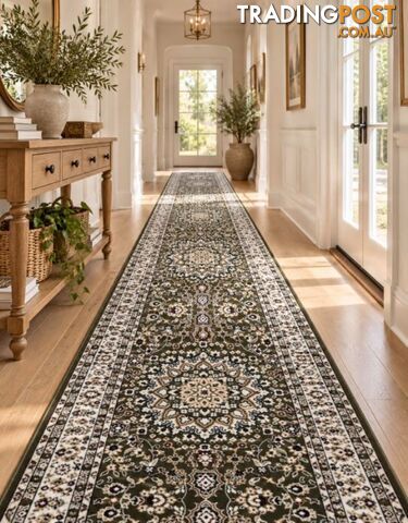 Heirloom Green Medallion Hallway Runner 80CM Wide 14.5M