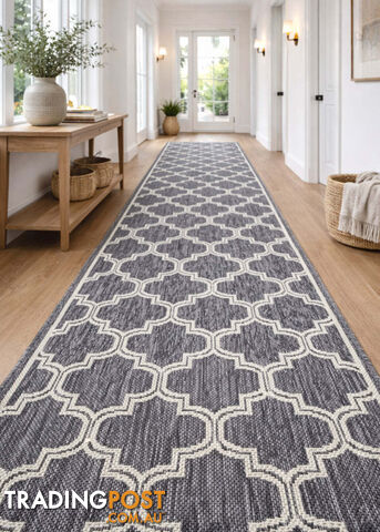 Moroccan Silver Ivory Hall Runner Non-Slip 80cm Wide 13.5M - 2534 Silver Grey...