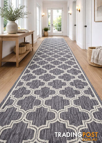 Moroccan Silver Ivory Hall Runner Non-Slip 80cm Wide 1M - 2534 Silver Grey Ivory...