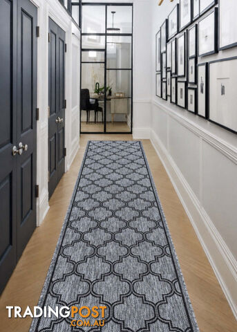 Moroccan Grey Black Hall Runner Non-Slip 80cm Wide 8.5M - 2534 Grey Black (DM9...