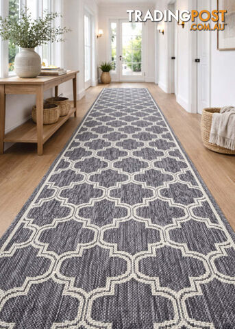 Moroccan Silver Ivory Hall Runner Non-Slip 80cm Wide 12M - 2534 Silver Grey...