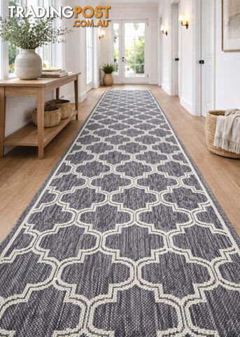 Moroccan Silver Ivory Hall Runner Non-Slip 80cm Wide 2.5M - 2534 Silver Grey...