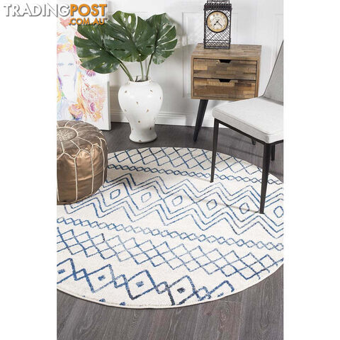 Oasis Nadia White Blue Rustic Tribal Round Rug 200X200cm - OAS-453-WBLU-200X200