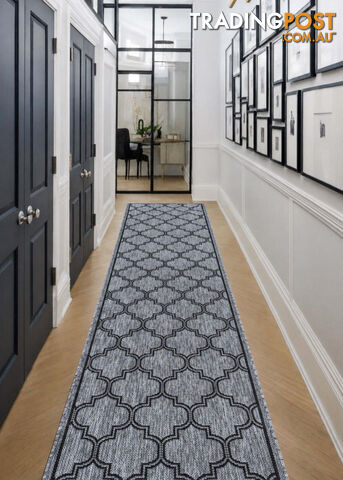 Moroccan Grey Black Hall Runner Non-Slip 80cm Wide 11M - 2534 Grey Black (DM9...