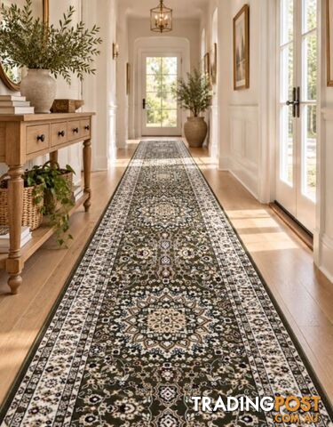 Heirloom Green Medallion Hallway Runner 80CM Wide 8.5M