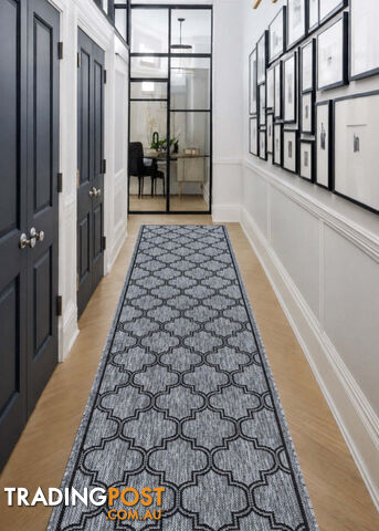 Moroccan Grey Black Hall Runner Non-Slip 80cm Wide 1M - 2534 Grey Black (DM9 E)