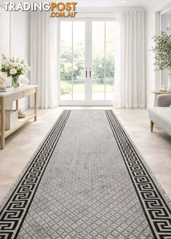 Xena Greek Key Grey Black Hall Runner Non-Slip 80cm Wide 12.5M - 2533 Grey Black...