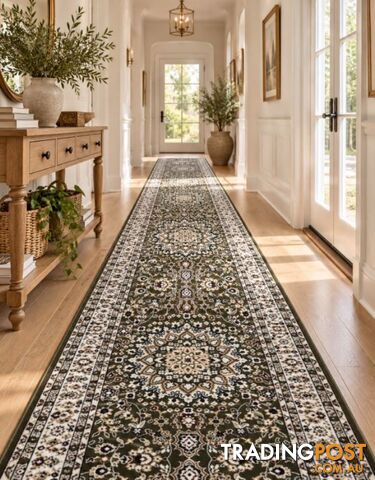 Heirloom Green Medallion Hallway Runner 80CM Wide 16M