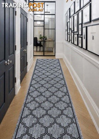 Moroccan Grey Black Hall Runner Non-Slip 80cm Wide 9.5M - 2534 Grey Black (DM9...