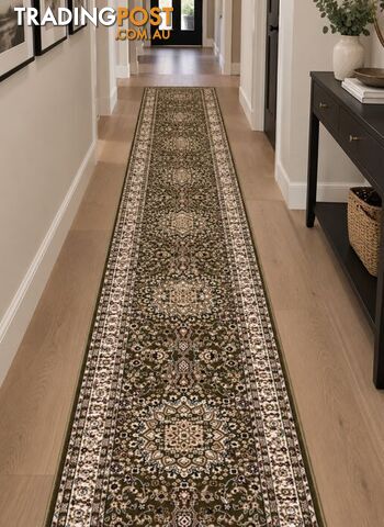 Heirloom Green Medallion Hallway Runner 80CM Wide 2M