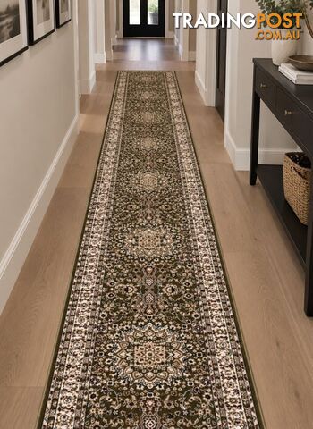 Heirloom Green Medallion Hallway Runner 80CM Wide 10.5M