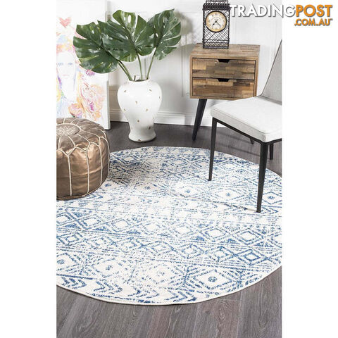 Oasis Ismail White Blue Rustic Round Rug 150X150cm - OAS-456-BLUE-150X150