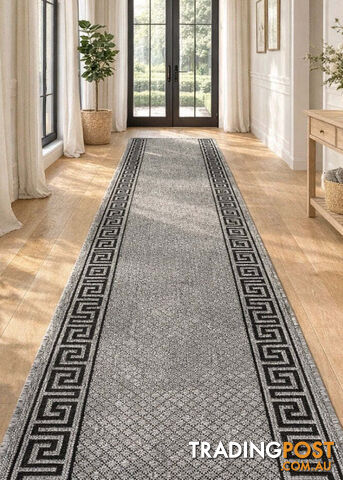 Xena Greek Key Grey Black Hall Runner Non-Slip 67cm Wide 2.5M - 2533 Grey Black...