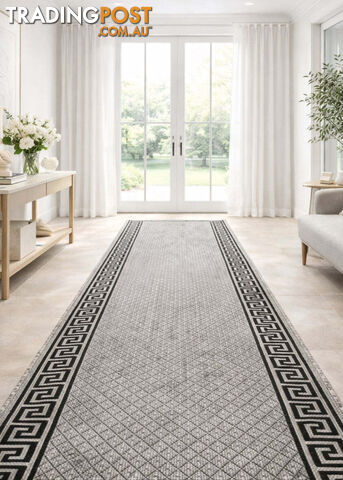 Xena Greek Key Grey Black Hall Runner Non-Slip 80cm Wide 6M - 2533 Grey Black...