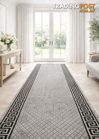Xena Greek Key Grey Black Hall Runner Non-Slip 80cm Wide 16.5M - 2533 Grey Black...
