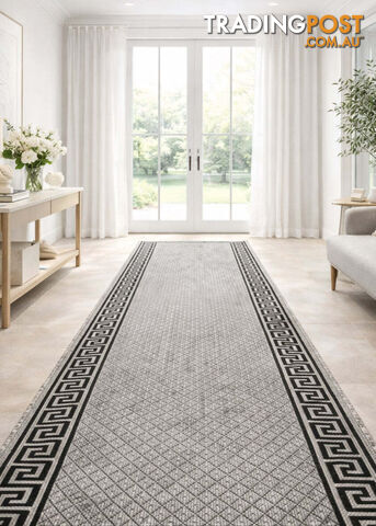 Xena Greek Key Grey Black Hall Runner Non-Slip 80cm Wide 11.5M - 2533 Grey Black...