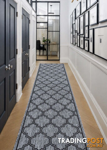 Moroccan Grey Black Hall Runner Non-Slip 80cm Wide 7M - 2534 Grey Black (DM9 E)