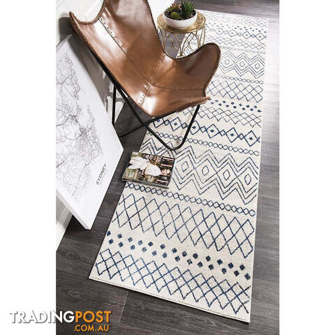 Oasis Nadia White Blue Rustic Tribal Runner Rug 400X80cm - OAS-453-WBLU-400X80