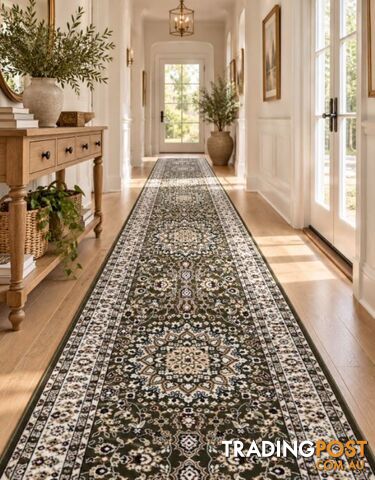 Heirloom Green Medallion Hallway Runner 80CM Wide 15M
