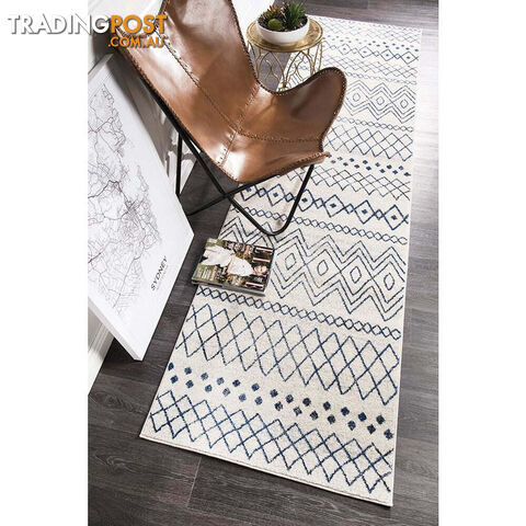 Oasis Nadia White Blue Rustic Tribal Runner Rug 300X80cm - OAS-453-WBLU-300X80