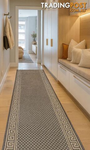 Xena Greek Key Taupe Linen Hall Runner Non-Slip 67cm Wide 1M - 2533 Taupe Linen...