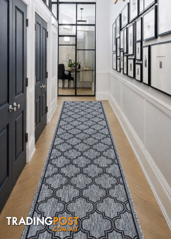 Moroccan Grey Black Hall Runner Non-Slip 80cm Wide 8M - 2534 Grey Black (DM9 E)