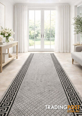 Xena Greek Key Grey Black Hall Runner Non-Slip 80cm Wide 8.5M - 2533 Grey Black...