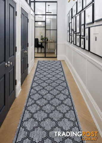 Moroccan Grey Black Hall Runner Non-Slip 80cm Wide 7.5M - 2534 Grey Black (DM9...