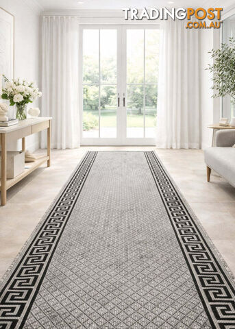Xena Greek Key Grey Black Hall Runner Non-Slip 80cm Wide 9M - 2533 Grey Black...