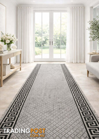 Xena Greek Key Grey Black Hall Runner Non-Slip 80cm Wide 4.5M - 2533 Grey Black...