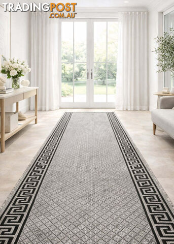 Xena Greek Key Grey Black Hall Runner Non-Slip 80cm Wide 3M - 2533 Grey Black...