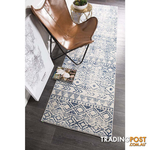 Oasis Ismail White Blue Rustic Runner Rug 300X80cm  - OAS-456-BLUE-300X80