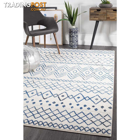 Oasis Nadia White Blue Rustic Tribal Rug 300X80cm - OAS-453-WBLU-300X80