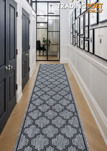 Moroccan Grey Black Hall Runner Non-Slip 80cm Wide 13M - 2534 Grey Black (DM9...