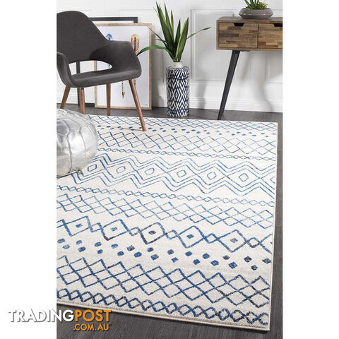 Oasis Nadia White Blue Rustic Tribal Rug 400X80cm - OAS-453-WBLU-400X80