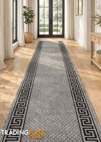 Xena Greek Key Grey Black Hall Runner Non-Slip 67cm Wide 1M - 2533 Grey Black...