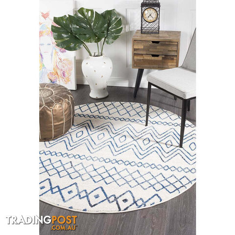 Oasis Nadia White Blue Rustic Tribal Round Rug 240X240cm - OAS-453-WBLU-240X240